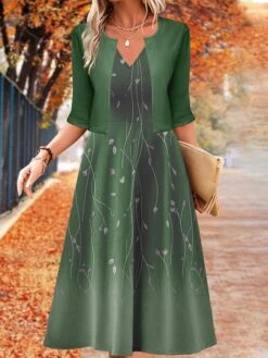 Women's Two Piece Dress Set Casual Dress Swing Dress Outdoor Daily Fashion Elegant Print Midi Dress V Neck Half Sleeve Floral Ombre Regular Fit Blue Purple Green Fall Winter S M L XL XXL -HANA Luxury Wear Shop etfvau1697782647242