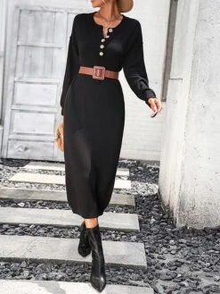 Women's Sweater Dress Winter Dress Jumper Dress Midi Dress Button Street Daily Going Out Fashion Streetwear Crew Neck Long Sleeve 2023 Loose Fit Black White Purple Color S M L XL Size -HANA Luxury Wear Shop etoxsw1692259874366