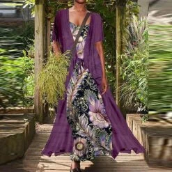 Women's Dress Set Two Piece Dress Chiffon Dress Long Dress Maxi Dress Black Red Navy Blue Short Sleeve Floral Lace Up Summer Spring Crew Neck Stylish Loose Fit 2023 S M L XL XXL 3XL 4XL 5XL