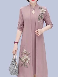 Women's Two Piece Dress Set Print Dress Outdoor Vacation Casual Print Midi Dress Stand Collar Long Sleeve Floral Loose Fit Pink Wine Blue Fall Winter XL XXL XXXL 4XL 5XL -HANA Luxury Wear Shop euckic1675853178866