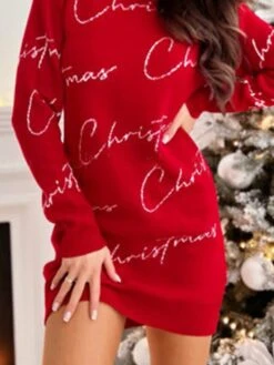 Women‘s Christmas Sweater Dress Jumper Dress Winter Dress Warm Letter Outdoor Christmas Casual Daily Crew Neck Long Sleeve 2023 Loose Fit Red S M L XL XXL -HANA Luxury Wear Shop eudxss1694165721320