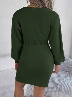 Women's Sweater Dress Winter Dress Jumper Dress Mini Dress Warm Pure Color Outdoor Casual Holiday Vacation V Neck Long Sleeve 2023 Regular Fit Pink Burgundy Green S M L -HANA Luxury Wear Shop euxfkk1696926499205