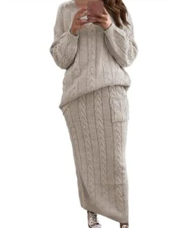 Women's Two Piece Dress Set Casual Dress Skirt Set Daily Holiday Fashion Streetwear Pocket Ribbed Long Dress Maxi Dress Crew Neck Long Sleeve Plain Loose Fit Black Yellow Wine Fall Winter S M L XL XXL -HANA Luxury Wear Shop evfciq1694165727397