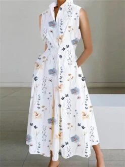 Women's Shirt Dress Casual Dress Midi Dress Outdoor Office Daily Cotton Fashion Modern Split Neck Button Pocket Sleeveless Summer Spring 2023 Loose Fit White Blue Leaf Polka Dot S M L XL XXL -HANA Luxury Wear Shop eviryl1688542282371