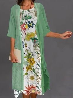 Women's Two Piece Dress Set Casual Dress Print Dress Outdoor Daily Fashion Elegant Print Midi Dress Crew Neck 3/4 Length Sleeve Floral Ombre Loose Fit White Light Green Blue Summer Spring S M L XL XXL -HANA Luxury Wear Shop evldfc1689736457613