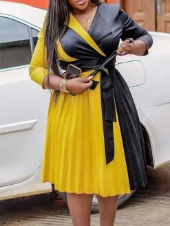 Women's Shirt Dress Casual Dress Midi Dress Outdoor Daily Date Polyester Fashion Casual Shirt Collar Lace Up Pleated 3/4 Length Sleeve Spring Fall Winter 2023 Regular Fit Yellow Red Blue Color Block -HANA Luxury Wear Shop evslpr1695027665980