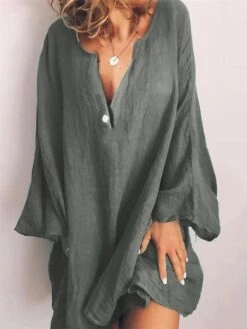 Women's Cotton Linen Dress Casual Dress Shift Dress Mini Dress Cotton Blend Fashion Modern Daily Vacation V Neck Button Long Sleeve Summer Spring 2023 Regular Fit Wine Blue Brown Pure Color S M L XL