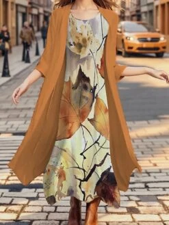 Women's Plus Size Two Piece Dress Set Casual Dress Chiffon Dress Outdoor Office Fashion Streetwear Print Midi Dress Crew Neck 3/4 Length Sleeve Leaf Regular Fit Orange Fall Winter S M L XL XXL