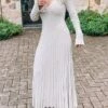 Women's Sweater Dress Winter Dress Jumper Dress Long Dress Maxi Dress Pleated Ribbed Daily Date Going Out Fashion Basic V Neck Long Sleeve 2023 Regular Fit Black White Apricot Color S M L Size -HANA Luxury Wear Shop ewfmto1692172891248