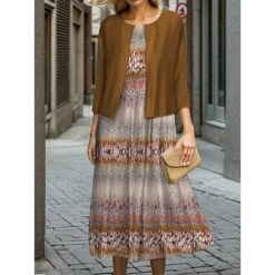 Women's Two Piece Dress Set Casual Dress Swing Dress Outdoor Office Fashion Streetwear Print Midi Dress Crew Neck 3/4 Length Sleeve Geometric Stripe Regular Fit Fuchsia Brown Fall Winter S M L XL XXL -HANA Luxury Wear Shop exbpac1695644985098