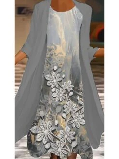 Women's Casual Dress Dress Set Two Piece Dress Midi Dress White Blue Gray Long Sleeve Floral Print Summer Spring Crew Neck Vacation Winter Dress Fall Dress Loose Fit 2023 S M L XL XXL 3XL 4XL