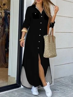 Women's Shirt Dress Casual Dress Maxi Long Dress Outdoor Daily Vacation Polyester Fashion Classic Shirt Collar Button Pocket Long Sleeve Spring Fall Winter 2023 Regular Fit Black Pink Wine Plain S M -HANA Luxury Wear Shop exniyl1691648554789