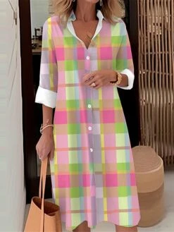 Women's Shirt Dress Casual Dress Midi Dress Outdoor Daily Date Polyester Fashion Modern Shirt Collar Button Pocket Long Sleeve Fall Winter 2023 Loose Fit Pink Plaid S M L XL 2XL