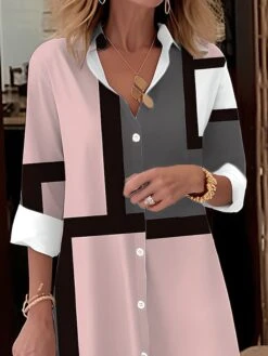 Women's Shirt Dress Casual Dress Midi Dress Outdoor Office Daily Polyester Fashion Modern Shirt Collar Button Pocket Long Sleeve Fall Winter 2023 Loose Fit Pink Sky Blue Orange Geometric Plaid S M L -HANA Luxury Wear Shop eynqpl1693889761044