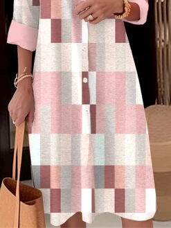 Women's Shirt Dress Casual Dress Midi Dress Outdoor Office Daily Polyester Fashion Modern Shirt Collar Button Pocket Long Sleeve Fall Winter 2023 Loose Fit Pink Plaid S M L XL 2XL -HANA Luxury Wear Shop eyoxcg1694086189087