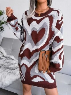 Women's Sweater Dress Jumper Dress Casual Dress Mini Dress Fashion Color Block Heart Outdoor Daily Vacation Going Out Crew Neck Long Sleeve 2023 Loose Fit Black Brown Khaki S M L -HANA Luxury Wear Shop eyzpby1694756610631