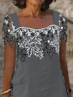 Women's Casual Dress Cotton Linen Dress Shift Dress Midi Dress Cotton Blend Fashion Modern Outdoor Daily Vacation Square Neck Lace Short Sleeve Summer Spring 2023 Regular Fit Black White Gray Leaf S -HANA Luxury Wear Shop ezpztr1682057041684