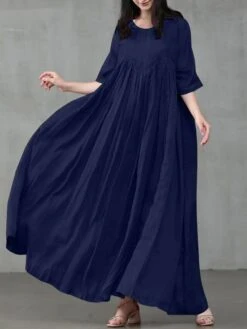 Women's Casual Dress Cotton Linen Dress Swing Dress Long Dress Maxi Dress Black Pink Green Short Sleeve Pure Color Ruched Spring Fall Autumn Crew Neck Elegant Vacation Loose Fit 2022 S M L XL XXL 3XL -HANA Luxury Wear Shop ezrfsp1657296923843