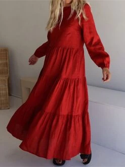 Women's Casual Dress Cotton Linen Dress Swing Dress Maxi Long Dress Linen / Cotton Blend Fashion Modern Outdoor Daily Vacation Crew Neck Ruched Ruffle Long Sleeve Summer Spring Fall 2023 Slim Black -HANA Luxury Wear Shop ezshah1689651681168