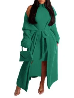 Women's Two Piece Dress Set Casual Dress Sheath Dress Daily Going Out Fashion Streetwear Lace Up Midi Dress Stand Collar Long Sleeve Plain Slim Black Yellow Wine Fall Winter S M L XL XXL -HANA Luxury Wear Shop ezwnme1693295545464