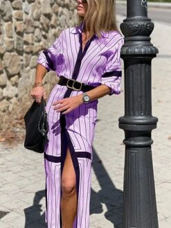 Women's Shirt Dress Casual Dress Shift Dress Maxi Long Dress Outdoor Daily Vacation Polyester Fashion Basic Shirt Collar Button Split Long Sleeve Summer Spring Fall 2023 Regular Fit White Purple -HANA Luxury Wear Shop faafcp1689239761506
