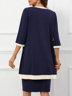 Women's Two Piece Dress Set Party Dress Lace Dress Party Office Fashion Elegant Lace Patchwork Midi Dress Crew Neck 3/4 Length Sleeve Plain Regular Fit Navy Blue Fall Winter S M L XL XXL -HANA Luxury Wear Shop fajeur1697450716604
