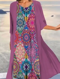 Women's Two Piece Dress Set Casual Dress Print Dress Outdoor Daily Vintage Ethnic Print Midi Dress Crew Neck 3/4 Length Sleeve Floral Tribal Loose Fit Black Navy Blue Royal Blue Summer Spring S M L -HANA Luxury Wear Shop faopwf1690857675212