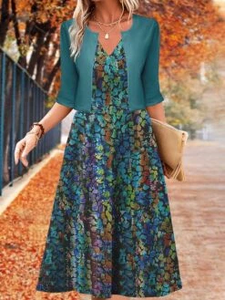 Women's Two Piece Dress Set Casual Dress Swing Dress Outdoor Daily Fashion Elegant Print Midi Dress V Neck Half Sleeve Floral Regular Fit Blue Purple Fuchsia Fall Winter S M L XL XXL -HANA Luxury Wear Shop fasqdj1697782809442