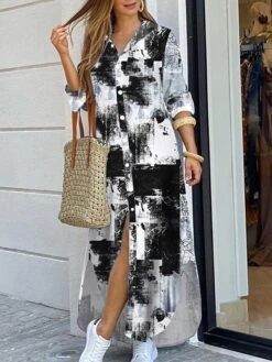 Women's Shirt Dress Long Dress Maxi Dress Black Blue Army Green Long Sleeve Leopard Patchwork Fall Spring Shirt Collar Winter Dress Fall Dress Loose Fit S M L XL XXL -HANA Luxury Wear Shop fbhstw1608278551920