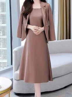 Women's Two Piece Dress Set Work Dress Skirt Set Formal Office Streetwear Elegant Button Pocket Midi Dress Shirt Collar Long Sleeve Plain Regular Fit Black Purple Beige Fall Winter M L XL XXL 3XL -HANA Luxury Wear Shop fbjzts1694498842244