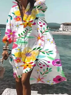 Women's Shirt Dress Casual Dress Swing Dress Maxi Long Dress Outdoor Winter Dress Daily Polyester Vacation Casual Shirt Collar High Low Dress Print Long Sleeve Spring Fall Winter 2023 Loose Fit White -HANA Luxury Wear Shop fblkcc1659593523516