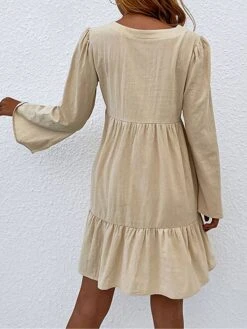 Women's Casual Dress Cotton Linen Dress Mini Dress Linen / Cotton Blend Basic Classic Outdoor Daily Vacation Split Neck Ruffle Button Long Sleeve Fall Winter Autumn 2023 Loose Fit Apricot Plain S M L -HANA Luxury Wear Shop fbyqcc1695014843816