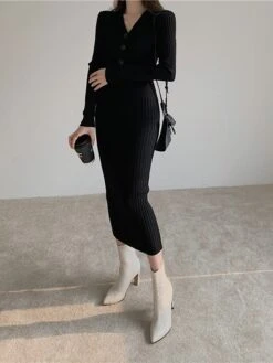 Women‘s Sweater Dress Winter Dress Sheath Dress Midi Dress Black White Green Long Sleeve Pure Color Button Fall Winter Autumn V Neck Stylish Winter Dress Fall Dress 2023 One-Size -HANA Luxury Wear Shop fcugen1665656620899