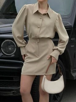 Women's Shirt Dress Work Dress Bodycon Mini Dress Outdoor Business Date Polyester Fashion Modern Shirt Collar Button Pocket Long Sleeve Fall Winter 2023 Regular Fit Khaki Pure Color S M L -HANA Luxury Wear Shop fdslcg1695644895800