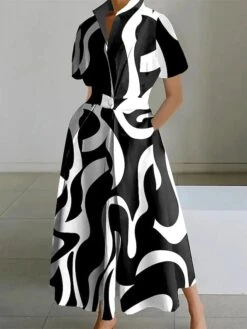 Women's Shirt Dress Casual Dress Maxi Long Dress Outdoor Daily Vacation Polyester Fashion Elegant Shirt Collar Button Pocket Short Sleeve Summer Spring 2023 Loose Fit Black And White Black White -HANA Luxury Wear Shop fegfeg1688441000237