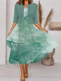 Women's Two Piece Dress Set Casual Dress Tank Dress Outdoor Daily Fashion Streetwear Pocket Print Midi Dress V Neck 3/4 Length Sleeve Geometric Color Block Regular Fit Black White Blue Spring Fall S -HANA Luxury Wear Shop fensyl1690857633570