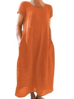 Women's Casual Dress Cotton Linen Dress Shift Dress Maxi Long Dress Cotton Blend Basic Casual Outdoor Daily Vacation Crew Neck Pocket Short Sleeve Summer Spring 2023 Loose Fit Black White Yellow Plain -HANA Luxury Wear Shop feuonu1673606395988