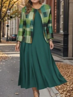 Women's Plus Size Two Piece Dress Set Casual Dress Swing Dress Outdoor Office Fashion Streetwear Print Midi Dress Crew Neck Long Sleeve Plaid Regular Fit Black Blue Brown Fall Winter L XL XXL 3XL 4XL -HANA Luxury Wear Shop fexodk1697782562267