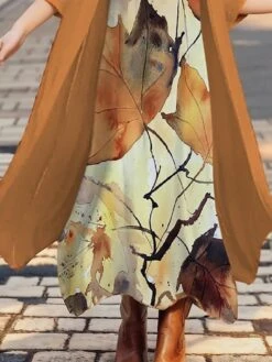 Women's Plus Size Two Piece Dress Set Casual Dress Chiffon Dress Outdoor Office Fashion Streetwear Print Midi Dress Crew Neck 3/4 Length Sleeve Leaf Regular Fit Orange Fall Winter S M L XL XXL -HANA Luxury Wear Shop fexyfm1697697353309