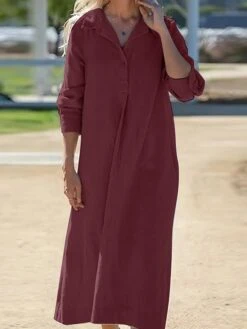 Women's Shirt Dress Casual Dress Cotton Linen Dress Maxi Long Dress Cotton Basic Classic Outdoor Daily Vacation Shirt Collar Button Split Long Sleeve Summer Spring Fall 2023 Loose Fit Wine Navy Blue -HANA Luxury Wear Shop ffceqf1690882984743