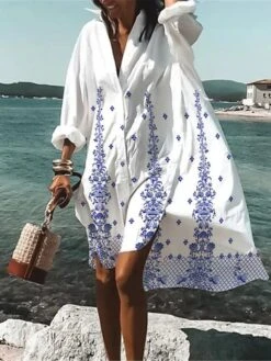 Women's Shirt Dress Casual Dress Swing Dress Button Print Long Sleeve Mini Dress Outdoor Daily Vacation Polyester Fashion Casual Shirt Collar Summer Dress Spring Fall 2023 Loose Fit White Red Purple -HANA Luxury Wear Shop fflmcs1682576181633