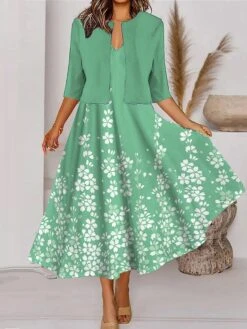 Women's Two Piece Dress Set Casual Dress Tank Dress Outdoor Daily Fashion Streetwear Pocket Print Midi Dress V Neck 3/4 Length Sleeve Floral Ombre Regular Fit Light Green Royal Blue Blue Spring Fall -HANA Luxury Wear Shop ffxuzn1690860842413