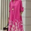 Women's Shirt Dress Casual Dress Maxi Long Dress Office Daily Date Polyester Fashion Modern Shirt Collar Patchwork Print 3/4 Length Sleeve Summer Spring Fall 2023 Regular Fit Pink Orange Leaf Color