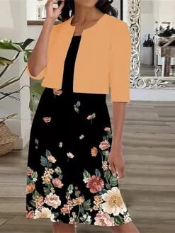 Women's Dress Set Two Piece Dress A Line Dress Midi Dress Black Pink Gray 3/4 Length Sleeve Floral Print Summer Spring Crew Neck Elegant Loose Fit 2023 S M L XL XXL
