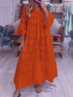 Women's Shirt Dress Casual Dress Swing Dress Maxi Long Dress Outdoor Daily Vacation Cotton Fashion Modern Split Neck Lace Button 3/4 Length Sleeve Summer Spring Fall 2023 Loose Fit White Yellow Red -HANA Luxury Wear Shop fgkpzu1694140672321