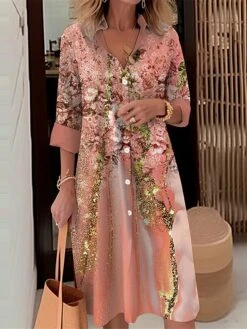 Women's Shirt Dress Casual Dress Midi Dress Outdoor Daily Date Polyester Fashion Modern Shirt Collar Button Pocket Long Sleeve Fall Winter 2023 Loose Fit Pink Dark Pink Blue Floral S M L XL 2XL -HANA Luxury Wear Shop fgnvuw1695367369779