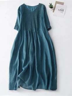 Women's Casual Dress Cotton Linen Dress Midi Dress Linen Basic Classic Outdoor Daily Vacation V Neck Pocket Half Sleeve Fall Autumn 2023 Loose Fit White Navy Blue Purple Plain M L XL 2XL -HANA Luxury Wear Shop fgyjfm1693202597527