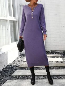 Women's Sweater Dress Winter Dress Jumper Dress Midi Dress Button Daily Date Going Out Fashion Basic Crew Neck Long Sleeve 2023 Loose Fit Black White Purple Color S M L XL Size -HANA Luxury Wear Shop fhnmmv1691991562209
