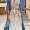 Women's Two Piece Dress Set Casual Dress Chiffon Dress Outdoor Daily Fashion Streetwear Knot Front Print Midi Dress V Neck 3/4 Length Sleeve Floral Regular Fit White Blue Gray Fall Winter S M L XL XXL