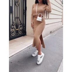 Women's Two Piece Dress Set Casual Dress Sweater Dress Outdoor Daily Fashion Streetwear Split Midi Dress Crew Neck Long Sleeve Plain Regular Fit Black White Orange Fall Winter S M L XL XXL -HANA Luxury Wear Shop fiegot1695635367072